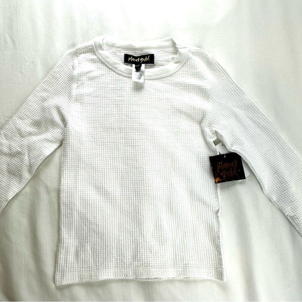NWT Planet Gold Girls Sz L(10-12) Long Sleeve Waffle seamless white tee shirt